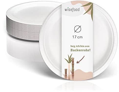 wisefood Zuckerrohr Teller - 50 Stück flache Bagasse Einwegteller rund weiß ∅ 17cm - Einmal Pappteller ideal als Partyteller oder Speiseteller - Nachhaltiges Zuckerrohr Geschirr ohne PLA/PE