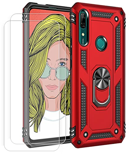 Joytag kompatibel für Huawei P Smart Z Hülle，handyHülle+ Gehärtetes Glas Schutzfolie [2 Stück] Silikon TPU 360 Grad Drehring aus Halter magnetisch Autotelefon case-Rote