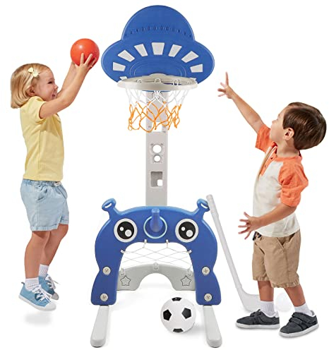 Kinder Basketballkorb Set |4 in 1 Höhenverstellbarer Basketballständer & Fußballtor Golfspiel Ringwurf,Basketballkorb Kinder für Jungen und Mädchen,Indoor und Outdoor geeignet