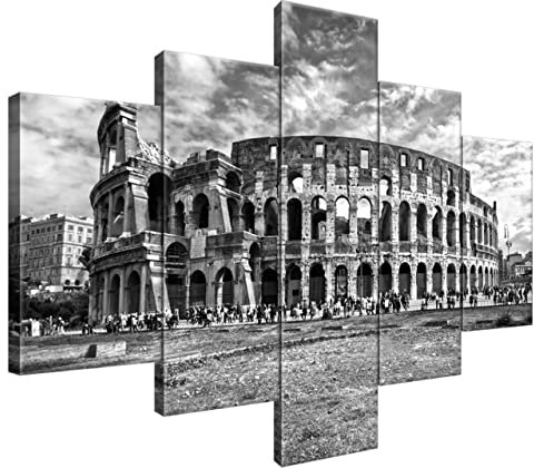 Estika Leinwandbilder - Kolosseum in Schwarz und Weiß - 100 x 70 cm, 5-teilig, Modernes Wandbild für Wohnzimmer, Schlafzimmer, Bad und Küche - Rom Bild auf Leinwand
