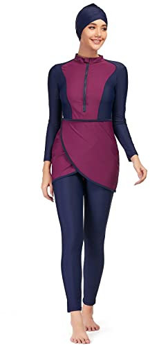 Odizli Burkini Damen Muslim Frauen Muslimische Badeanzug Full Cover Schwimmanzug Islamisch Arabisch Jilbab Langarm Schwimmoberteile Built in Bra+Schwimmhose+Hijab 3tlg Modest Bademode 4#Lila XL
