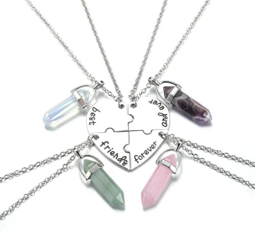 JSDDE Natural Crystals Best Friends Forever and Ever BFF Necklace Engraved Puzzle Friendship Heart Pendant Necklaces Jewellery (4pcs/set)