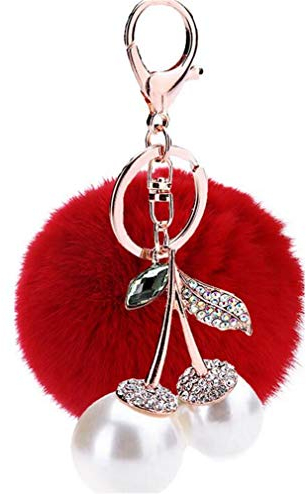 Schlüsselanhänger Pompons Plüsch Flauschige Taschenanhänger, Faux Kaninchen Pelz Plüschball mit Mini-Perlen Kirsche Strass Dekor Keychain Ring Kugel bommel für Handtasche Schlüssel (Rot)