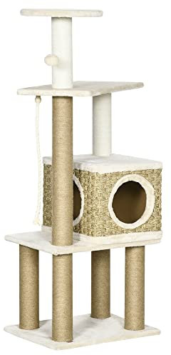 PawHut Kratzbaum, Höhe 128 cm, Katzenbaum mit Katzenhöle, Kletterbaum mit großer Plattform, Raum, Sisalsäule, Spielbaum, Katzenkratzbaum mit Seil, Katzenmöbel, Beige+Gelb