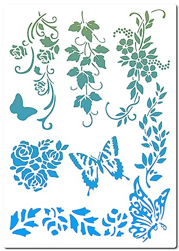 GORGECRAFT 21x29.7 cm Ausgehöhlte Rosen-Blumen-Malschablonen Wiederverwendbar Schmetterlings-Zeichenschablone Frühlingsgarten Blumen Ranken Pflanzen Zweige Vorlagen Zum Malen Auf Möbeln Taschen