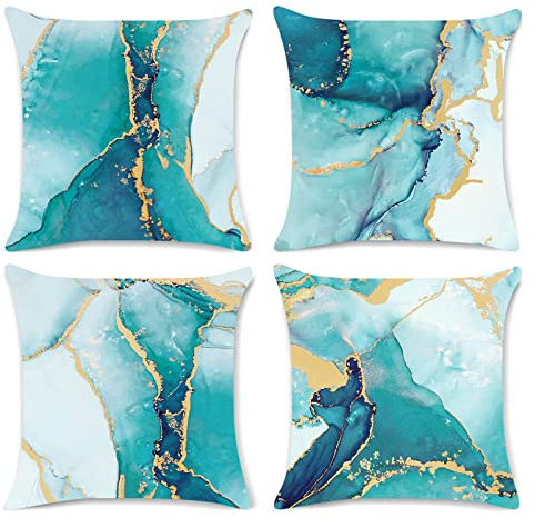 Bonhause 4er Set Kissenbezüge Türkis Marmor 50 x 50 cm Doppelseitig Blaugrüne Gold Abstrakt Kunst Moderne Samt Soft Dekorative Kissenhülle Zierkissenbezüge für Sofa Wohnzimmer Zuhause Dekoration