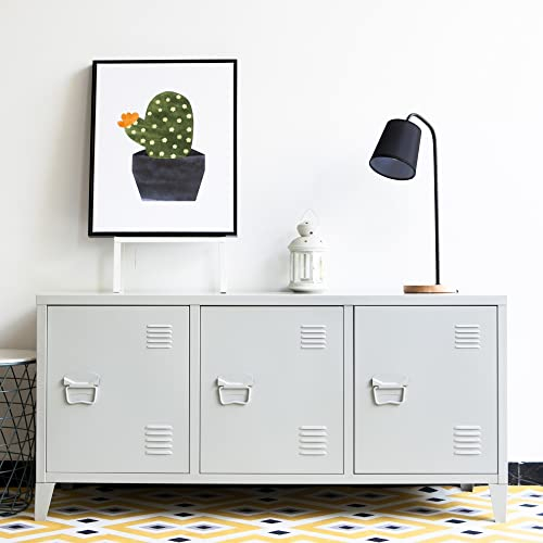 [en.casa] Meuble TV Design à 3 Portes pour Salon Bureau 58 x 113 x 40 cm Commode avec Surfaces de Rangement Intérieures Capacité de Charge 20 kg Acier Laminé à Froid Blanc