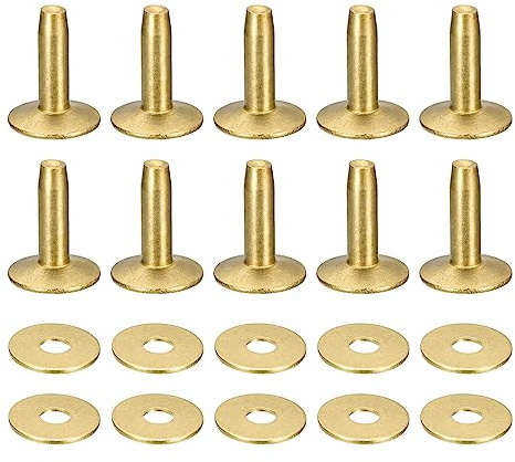 QUARKZMAN 10 Set Messing Nieten und Fräser 9x3.3x14mm Massiv Leder Messing Niete Verschluss für Leder Basteln Lieferungen Gold Ton