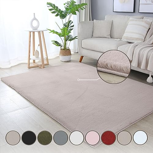 HomebyHome Teppich Wohnzimmer 120x170 cm Beige Waschbarer Hochflor Flauschiger Teppiche Einfarbig Moderne Design - Küchenteppich Waschbar Shaggy Extra Weich Teppich für Schlafzimmer Esszimmer