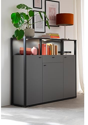 Modernes Highboard mit LED Beleuchtung, Schubkasten, 3 Türen in grau mit anthrazit, Kommode, Schrank, Anrichte, Wohnzimmer, Wohnzimmerschrank, Esszimmer, Esszimmerschrank B/H/T ca. 145/121/37 cm