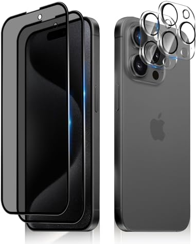 MiKoyi Schutzfolie Kompatibel mit iPhone 15 Pro Max [2+2 Stück] Privacy Displayschutz Kameraschutz Anti Spy Schutz Glas Sichtschutz 9H Härte Blickschutzfolie Displayschutzfolie für iPhone 15 Pro Max