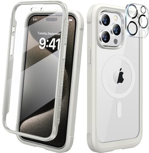 Diaclara Magnetic Designed for iPhone 15 Pro Case [Compatible with MagSafe], 360° Full Body Case with Screen Protector + Camera Lens Protector for iPhone 15 Pro 6.1 (White)