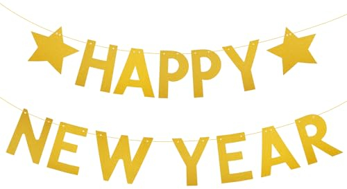 Frohes Neues Jahr Banner, Goldener Stern Glitzer Banner Happy New Year Schild Dekor 2024 Silvester Partyzubehör Dekoration für Fotohintergrund, Heimdekoration