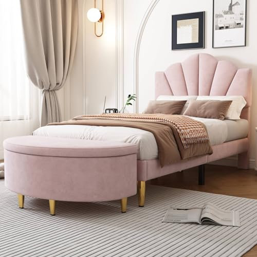 Lit en Velours 90 * 200 cm Style Coquillage avec Pieds en Fer Doré, Tête de lit Réglable en Hauteur, Sommier à Lattes en Bois, Banc Rembourré et Rangement, Rose