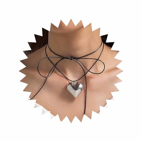 TseenYi Boho Chunky Collana Cuore Gonfio Lungo Cuore Pizzo Up Collana Argento Cuore Gonfio Ciondolo Choker Spesso Cuore Gonfio Amore Choker Collana Corda Sottile Pizzo Up Collana Gioielli Per Donne
