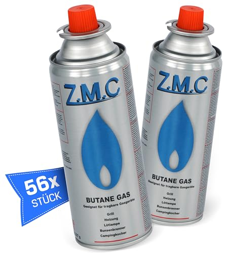 Z.M.C 56x Butan Gaskartuschen 227g mit Ventil Typ MSF-1a, Universal Gaskartusche Butangas Kartuschen mit Bajonett Anschluss für Campingkocher, Gasheizung, Gasbrenner, Unkrautbrenner, Lötbrenner