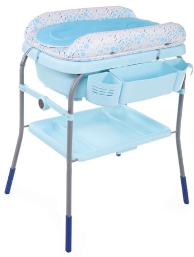 Chicco Cuddle & Bubble Bañera Bebé Ergonómica con Patas y Cambiador con Acolchado y Suave Reductor, Altura Regulable, Cierre Compacto, Organizador, Ocean Máx. 11 Kg