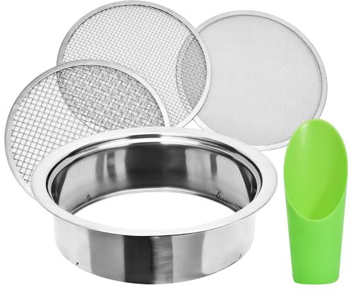 Soil Sieve Sifter Set Stainless Steel,Garden Sieve Set with 3 Interchangeable Mesh 1,3,5mm,Sifting Screen for Dirt, Sand, Rock, Filtration, Compost, with Soil Scoops Gardening Tool