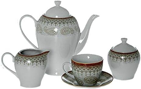 DRW Juego de café de Porcelana Cachemir Marron 15 Piezas con Tetera 6 Tazas con Plato. lechera y azucarero Cafetera: 22x22x13 cm Taza: 7x7x8 cm, Multicolor, estandar