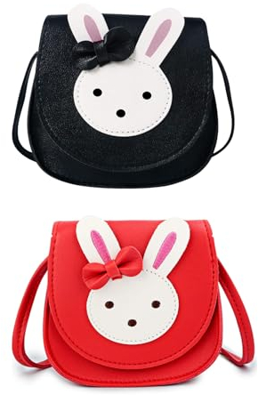 PLATEYTR Umhängetasche für Mädchen, 2 Stück niedlich Hase Crossbody Tasche, Leder Prinzessin Mini-Tasche für Mädchen (schwarz, rot)