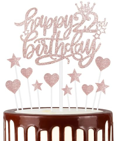 Happy 22th Birthday Cake Toppers, Rose Gold Cake Cupcake Toppers for Cake, Glitter Heart Stars Cake Toppers, Birthday Gift, Personalised Cake Toppers for Women Girls 22th Birthday Cake Decorations