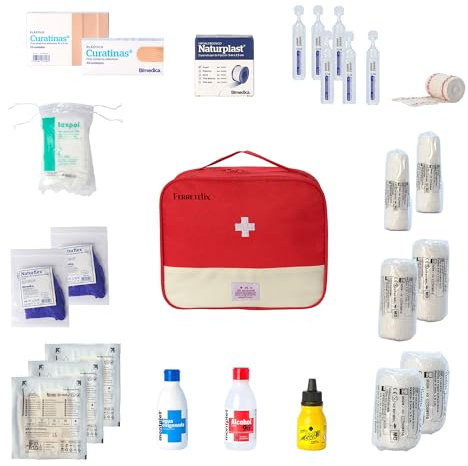 FERRETELIX® Botiquin neceser/rojo blanco primeros auxilios con dotacion 26 cm x 21 cm x 12 cm Completo Emergencia, Para Viaje y Acampada, Coche, Supervivencia, Excursión, Montaña Senderismo Aventura F