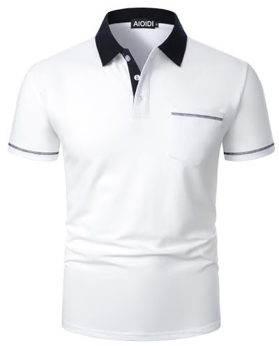 AIOIDI Baumwolle Herren Kurzarm Poloshirt Basic T-Shirt Tennis Golf Polo Weiß S