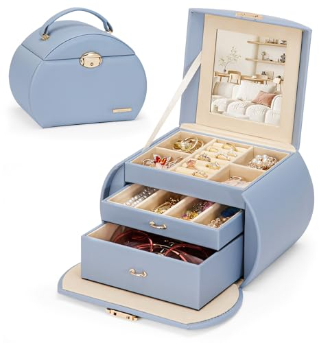 Yorbay Portagioie 3 livelli, con serratura e specchio, organizzatore serie Seelux per collane, orologi, anelli, bracciali, orecchini (Grigio-blu + Oro)