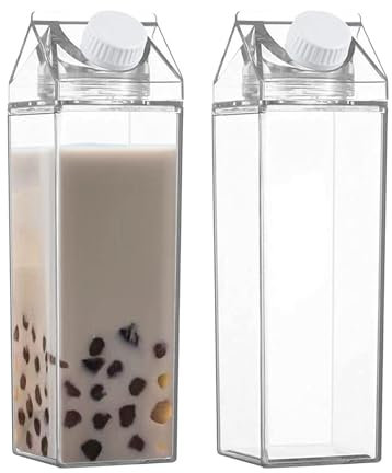 2 Botellas De Agua Transparentes Cuadradas – Botella De Cartón De Leche Reutilizable, Vasos Portátiles | Taza De Jugo De Botella De Leche Cuadrada Sellada, Botella De Cristal Para Refrigerador, Botell