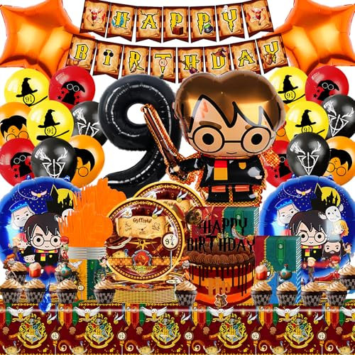 Kit Décoration Anniversaire Wizar 9 Ans, Vaisselle Hary Potte, Ballons Aluminium, Bannière, Nappe, Serviette, Tasse, Assiette, Thème Wizar