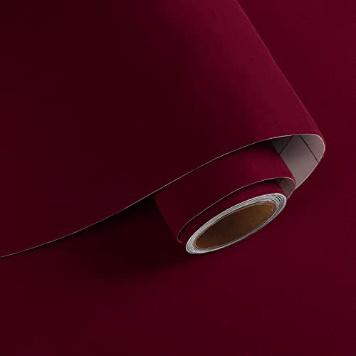 VaryPaper Dark Red Velvet Fabric Wallpaper Self Adhesive Flock Liner for Jewelry Boxes 40cm x 200cm Soft Drawer Liner Sticky Felt Contact Paper for Cabinets Dresser Craft Projects