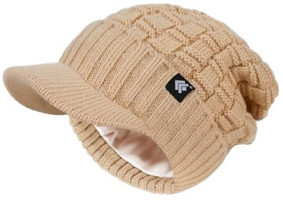 Creekstone Beanie für Damen Herren Satin gefütterte Wintermützen Slouchy Beanies Hüte Satin gefütterte Beanie mit Krempe Visier (DE/NL/SE/PL, Alphanumerisch, Einheitsgröße, Kamel)