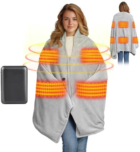 Couverture Chauffante USB éLectrique sans Fil avec Batterie De 10000 mah, éCharpe Chauffante avec 3 Niveaux De RéGlage De La TempéRature, 165 X 90 Cm et 6 Zones De Chauffage Poncho Chauffant