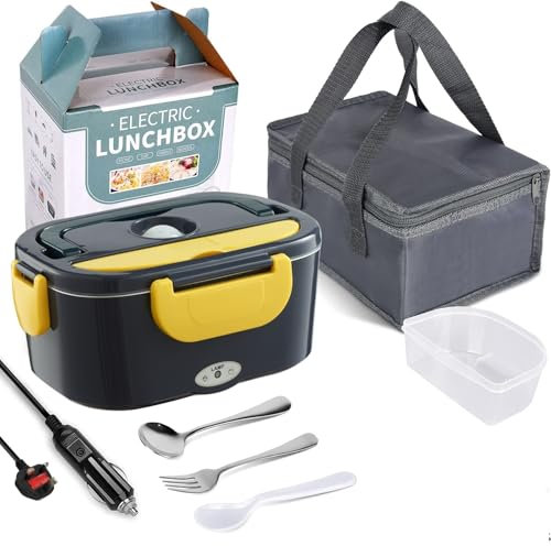 JIAKANUO Electric Lunch Box Food Warmer Portable Lunch Microwave Bento Box with SS Container 1.5 L Leak Proof, 230V/12V/24V for Car/Office/Trunk 3 in 1 with Fork&Spoon&Insulated Lunch Bag (Navy Blue)