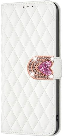 Flip Case kompatibel mit Samsung Galaxy A14 5G Hülle Brieftasche Diamond Stitch Ledertasche Schutzhülle PU Leather Case Mit Glänzende 3D Farbig Liebe Schnalle Flip Cover HandyCase,Weiß