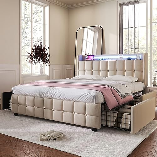 Polsterbett Doppelbett 140x200 cm, LED Jugendbett Stauraumbett Funktionsbett Bettgestell mit 4 Schubladen und Holz Lattenrost, Kopfteil mit USB Ladefunktion und Staufach, Leinen, Ohne Matratze, Beige