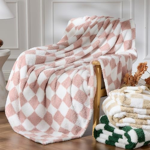 NEWCOSPLAY Gestrickte rosa-weiß karierte Decke, superweicher Plüsch-Überwurf für Couch, flauschig, Mikrofaser, leichte Decke für Bett, Sofa, alle Jahreszeiten, Überwurf (127 x 152,4 cm)