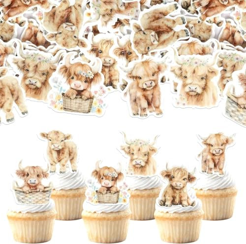60 Stück Essbare Hochland Kuh Tortendeko Süße Hochlandkuh Kuchen Deko Kuh Rinder Bauernhof Cupcake Toppers für Baby Dusche Geburtstag Party Kuchen Dekorationen