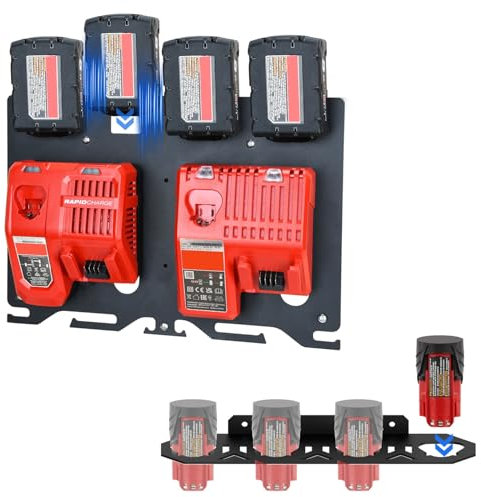 3 in 1 Metal Wall Mount for Milwaukee Chargers, Batteries and Drills - Compatible with M12-18C/M12-18FC/M18 DFC Chargers - Battery Mount for Milwaukee M12 12V and M18 18V Batteries