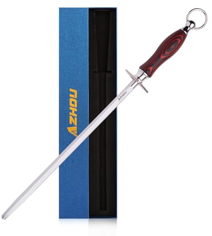 Azhou 12 Professional Knife Sharpener Steel Rod - High Carbon Steel (HRC 63), Fine 200 Grit for Kitchen & Chef Knives, Easy to Use with Non-Slip Wooden Handle & Gift Box