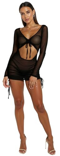 Bommi Fairy Women‘s Babydoll See-through Nightdress Sleepwear Hip Wrap Dress Mini Dresses Long Sleeve Sexy Mesh Lingerie (Black)