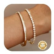 CASSIECA 2 Stück Armband Damen Schmuck Gold - Kristallen Tennis Armband Cubic Zirkonia Armreif für Frauen, Wasserfester Tennisarmband Edelstahl Armbänder Set Geschenke für Damen 16.5cm