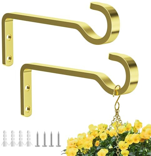 saffruff 2 Pack 15cm Gold Plant Hooks for Hanging Baskets – Decorative Metal Wall Brackets for Indoor & Outdoor Use, Hanging Plants, Bird Feeders, Wind Chimes & Lanterns