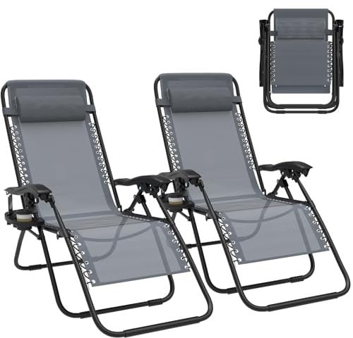 2er Set Klappbarer Liegestuhl, Gartenliege Extra Breit 64cm-Textilene-Relaxliege Verstellbar Rückenlehne mit Getränkehalter & Kissen, Faltbar Sonnenliege Tragbar für Camping Balkon, bis 120kg, Grey
