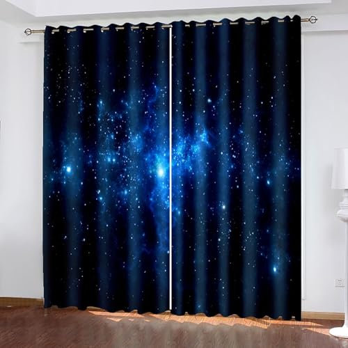 Lirzxin Vorhänge Thermo Verdunkelung 214 cm Lang, Gardinen Abdunkelnd mit Ösen 2er Set Dunkelblau Galaxie Sternenhimmel Landschaft Vorhang für Wohnzimmer Schlafzimmer, 244x214 cm(BxH)