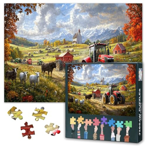 Bauernhof 1000 Stück Puzzle für Erwachsene: Bauernhof-Szene mit Traktor Tiere Berge Puzzles - Puzzles für Erwachsene 1000 Stück mit langlebigen Stücke Familie Bindung & Stressabbau 27.5x19.6