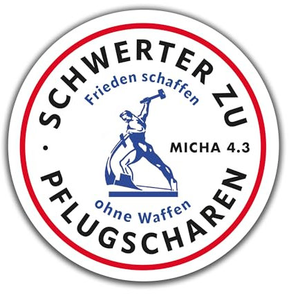 Die Staffelei Sticker „Schwerter zu Pflugscharen - Friedens schaffen ohne Waffen“ / selbstklebende Aufkleber in verschiedenen Ausführungen mit Infokarte (2 x 3 Stück bunt, 5cm & 10cm)