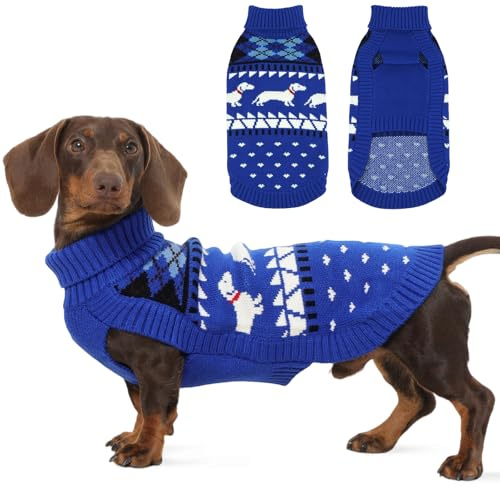 Hjyokuso Dackel Pullover XS, Süßer Hundepullover mit Dackelmuster, Rollkragen Strickpullover für kleine Hunde, Weicher Winter Hundemantel, Weihnachten & Geburtstag Blau
