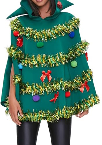Kouoybt Poncho per albero di Natale, costume da donna con fiocco, decorazione con palla, mantello con cappuccio, mantello per feste cosplay