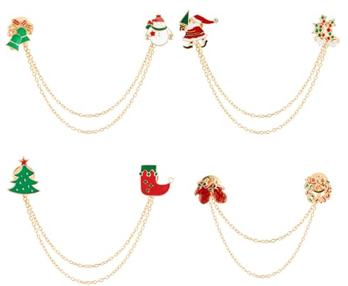 Kiiwah 4 Stück Brosche Weihnachten Set, Abnehmbar Weihnachtskettenbrosche Anstecknadeln, Metall Weihnachtsanstecker, Weihnachtsbrosche Pin für Erwachsene Kinder Kleidung Hut Geschenk Deko